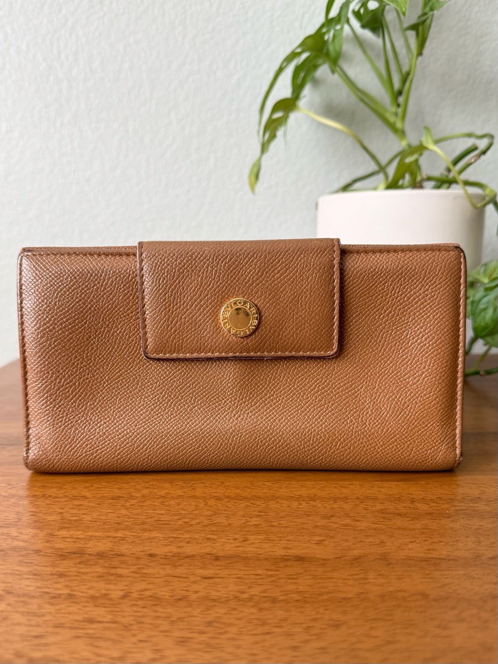 BVLGARI Brown Tan Classico Continental Leather Trifold Long Wallet Gold BULGARI